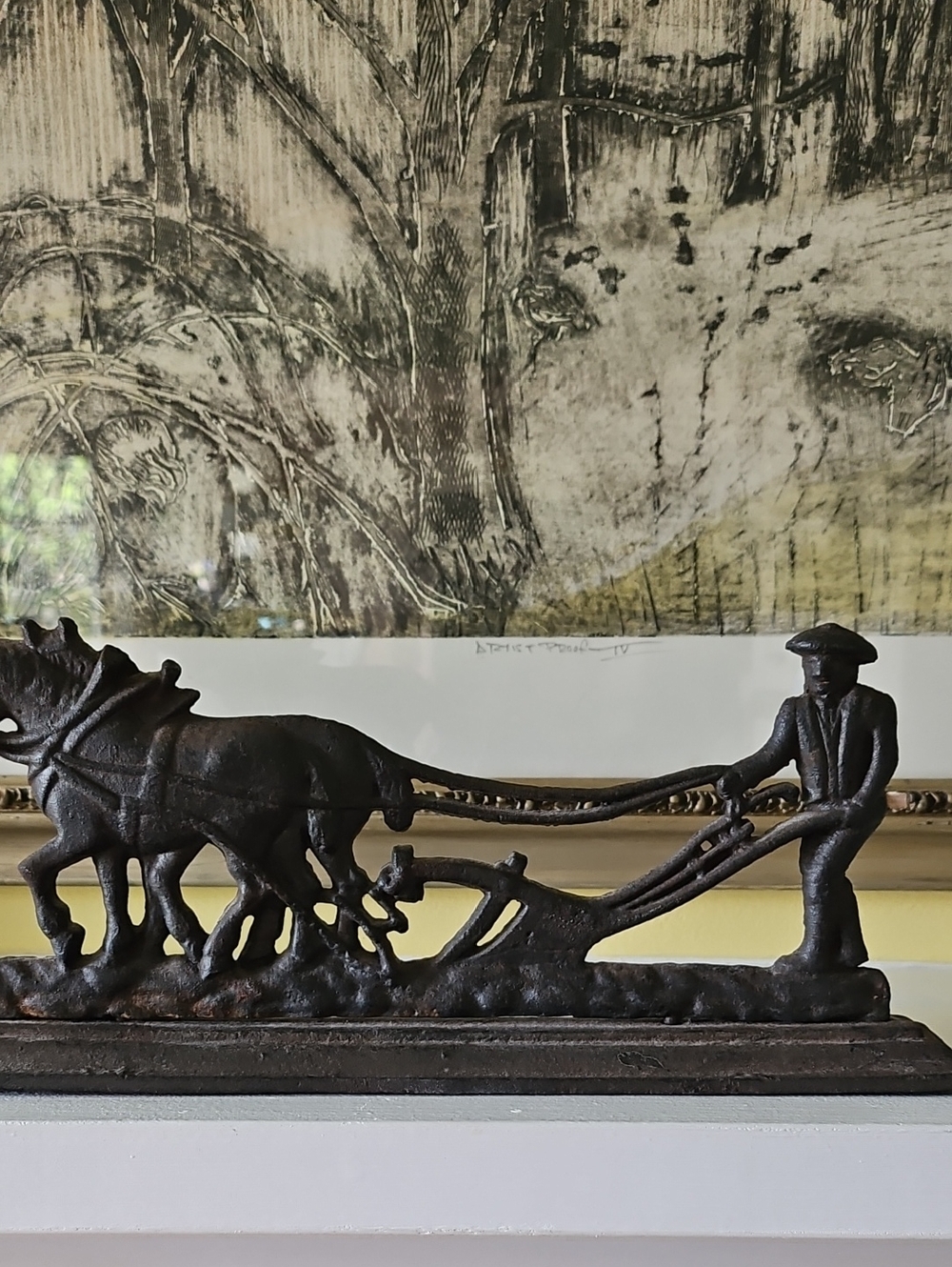 Antique Cast Iron Plowing The Fields Doorstop/Fireplace Ornament